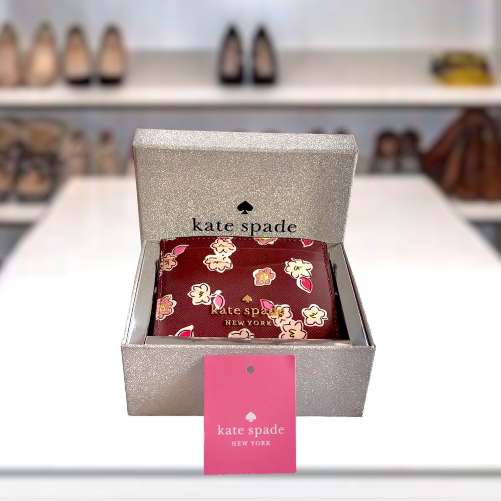 Kate Spade K9299 Tinsel Floral Boxed Small Slim Cardholder in Deep Berry